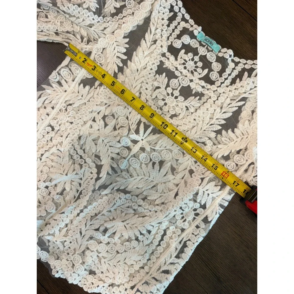 Karlie White Sheer Mesh Lace Floral Embroidered Boho Top 3/4 Sleeve‎ Small